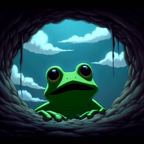 Whimsical Hand-Drawn Animation of Bright Green Frog in Pit