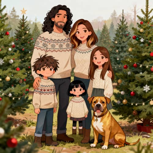 Cartoon Family at Christmas Tree Plantation