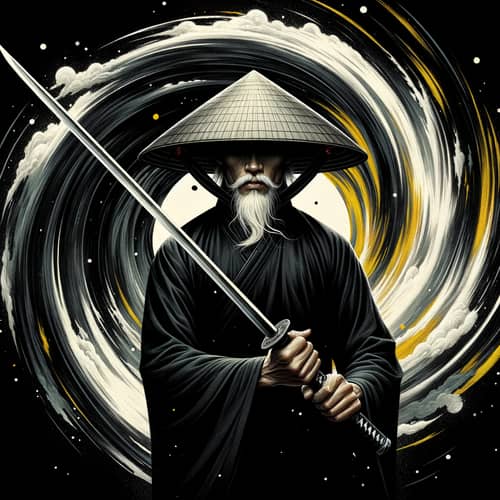 Vietnamese Man in Black Cloak with Traditional Straw Hat and Sword