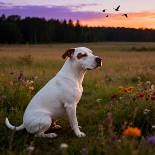 Sweet White Pitbull at Sunset in Wildflower Field Sweet White Pitbull at Sunset in Wildflower Field