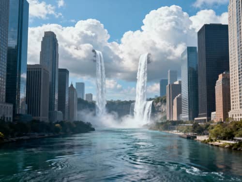City with Skyscrapers and Mysterious Waterfalls City with Skyscrapers and Mysterious Waterfalls
