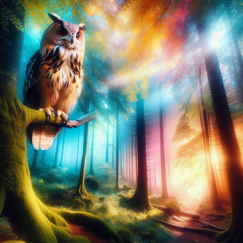 Whimsical Forest Scene with Majestic Owl Perched on Tree Branch