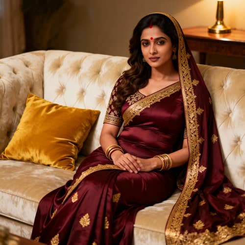 Realistic Indian Woman in Tight Saree on Sofa