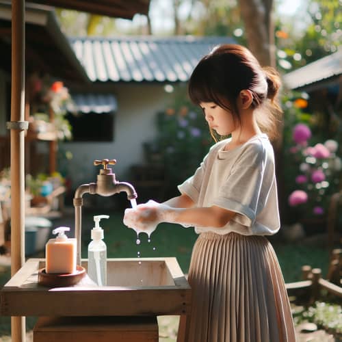 Young Asian Girl Washing Hands Outdoors | Lush Garden Scene