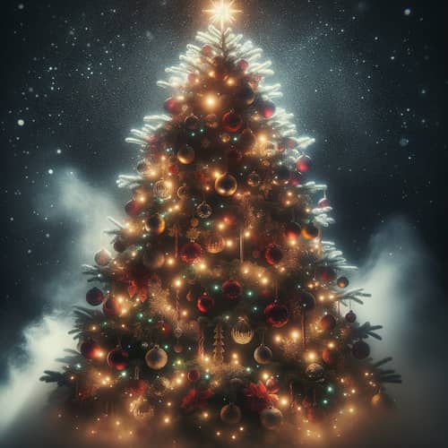 Magnificent Christmas Tree in Night Darkness with Twinkling Lights