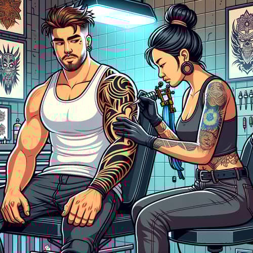 Diverse Tattoo Artist Inking Tribal Design on Muscular Customer