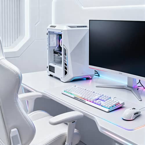 Futuristic White Gaming Setup with RGB Lighting Futuristic White Gaming Setup with RGB Lighting
