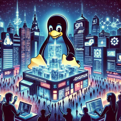Futuristic Linux City: Technology and Diversity in a Neon-lit Metropolis