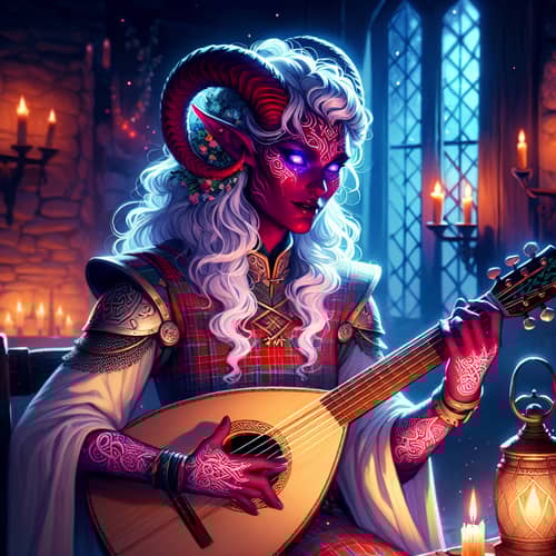 Scottish Tiefling Bard Character Concept Art | Glowing Red Skin, White Hair