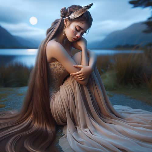 New Zealand Maori Maiden Weeping by Moonlit Lake
