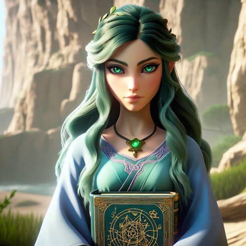 Mystical Female Video Game Character with Green Eyes & Golden Book