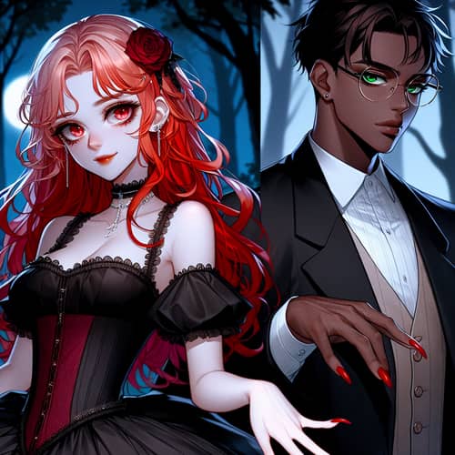 Striking Red-Haired Girl and Serious Black Man in Night Forest