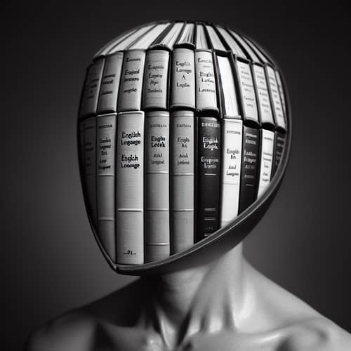 Academic Portrait with Head Made of English Language Book