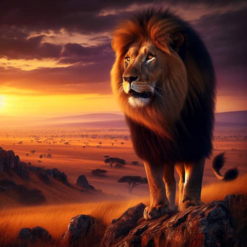 Majestic Lion Atop Rocky Cliff - Golden Savannah Sunset View