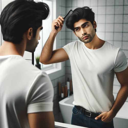 South Asian Man Styling Hair in Brightly Lit Bathroom