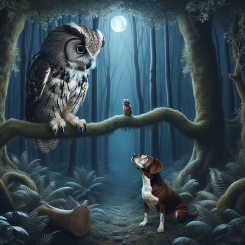 Aerial View of Grumpy Owl and Lost Dog in Dark Forest