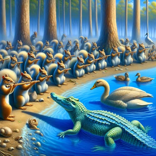 Enchanting Forest Vista: Squirrel Melodies and Azure Lagoon