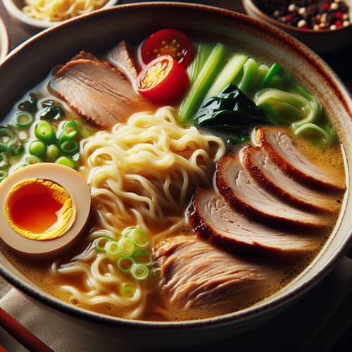 Delicious Ramen Bowl with Tender Meat and Fresh Vegetables