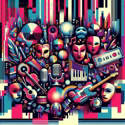 Vibrant Theatrical Abstract Collage with Glitch Effects