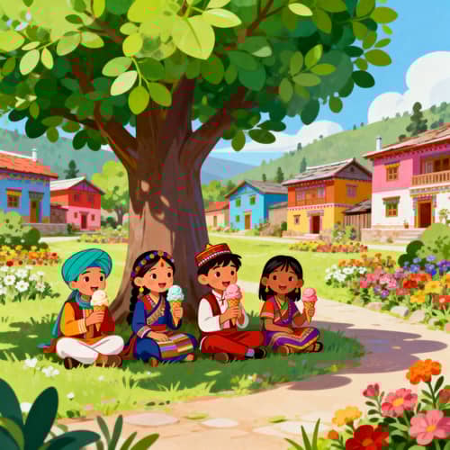 Children Enjoying Ice Cream in a Vibrant Village Children Enjoying Ice Cream in a Vibrant Village