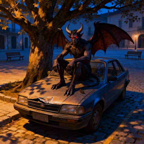 Demon on Car Hood Under Tree Demon on Car Hood Under Tree
