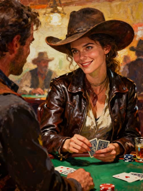 Cowgirl Gambles: A Dynamic 4K Oil Painting