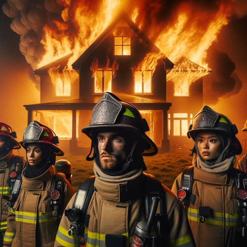 Intense House Fire Scene with Diverse Firefighters | Website Name