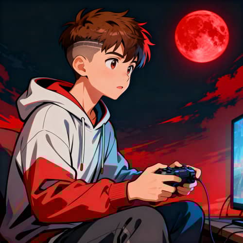 Anime Boy Enjoying Video Games Under a Red Moon