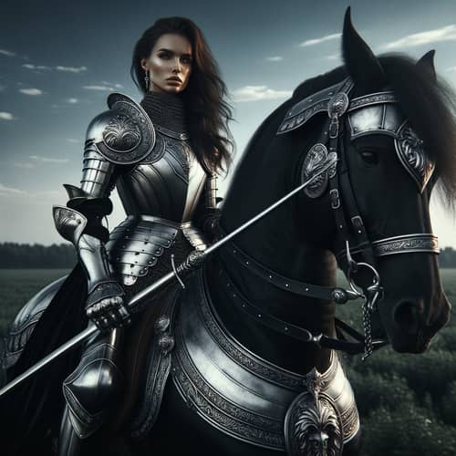 Caucasian Female Warrior on Majestic Horse with Glinting Lance