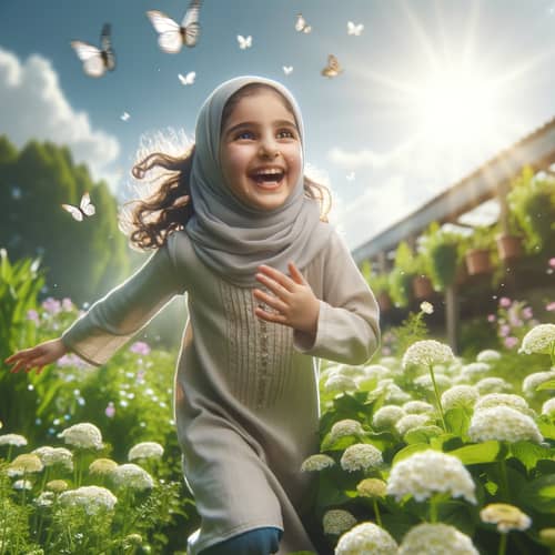 Joyful Middle-Eastern Girl Playing in Lush Garden | Fresh, Happy Scene