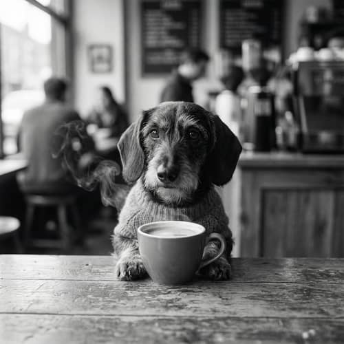 Dachshund with Coffee: Adorable Black & White Photo Dachshund with Coffee: Adorable Black & White Photo