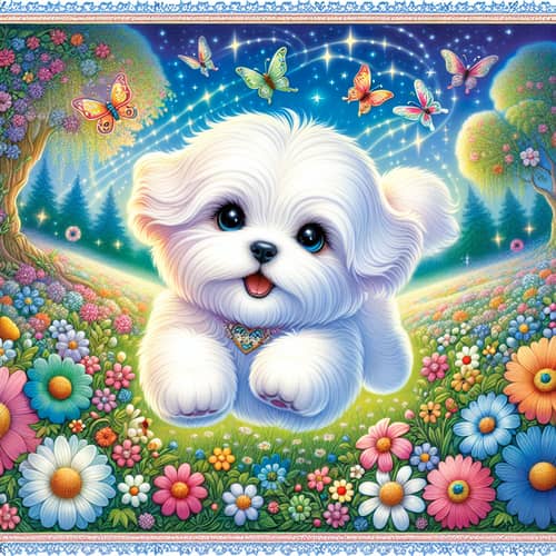 Whimsical White Lhasa Apso Dog in Magical Garden