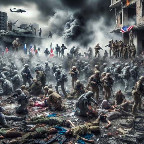 War Zone Crisis: Chaotic Cityscape with Diverse Soldiers in Conflict