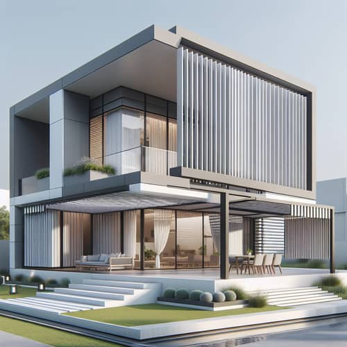 Modern House with Aluminum Blinds, Pergolas, and Hinged Awning