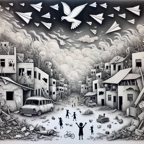 Child-like Memory Art of Conflict Zone & Peace Symbols
