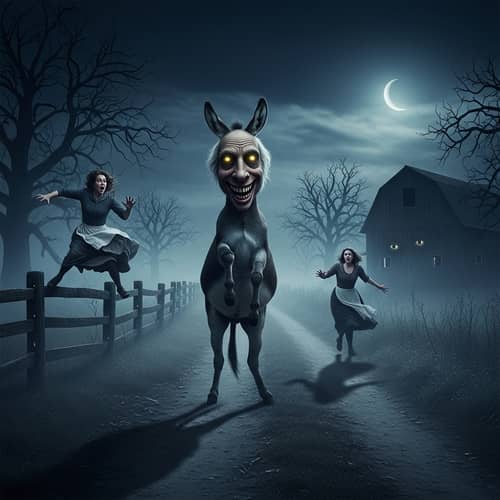 Eerie Night Scene: Distorted Donkey Encounter