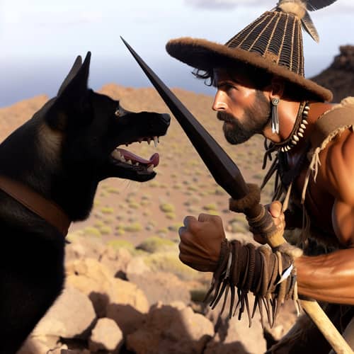 Guanche Warrior Battling Black Dog | Canarian Attire | Spear Fight