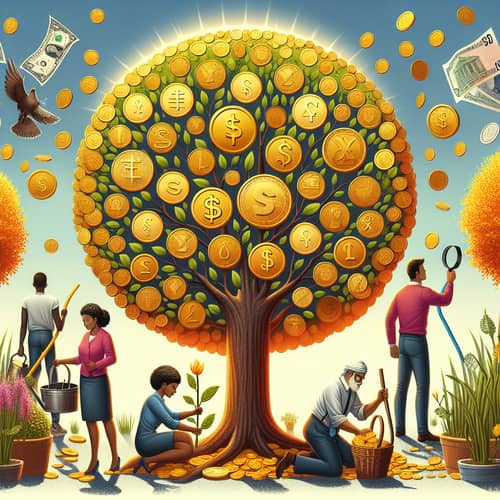 Money Management: Vibrant Tree with Coins and People