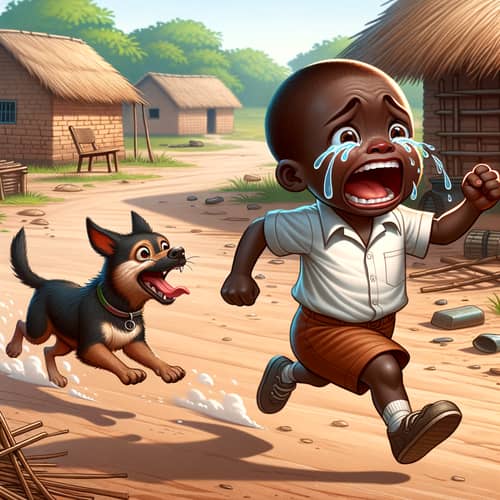 Scared Black Child Running from Dog in Village | School Clothes