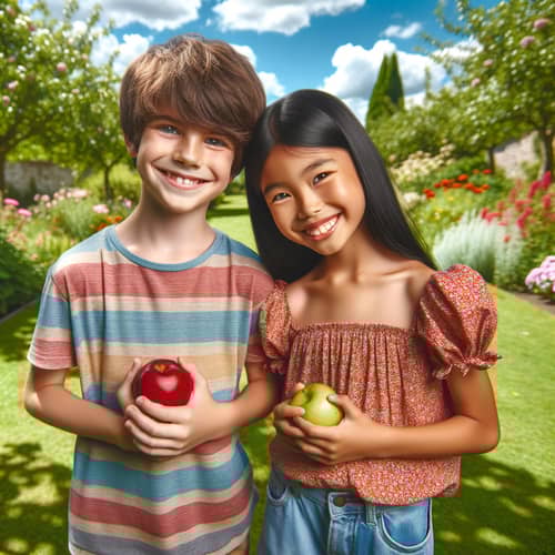 Colorful Outdoor Adventure with Apple-Holding Kids in a Lush Park