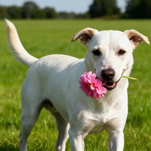 Medium White Dog Carrying a Flower