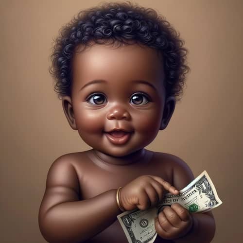 Innocent African Baby Clutching Currency Bills with Joy