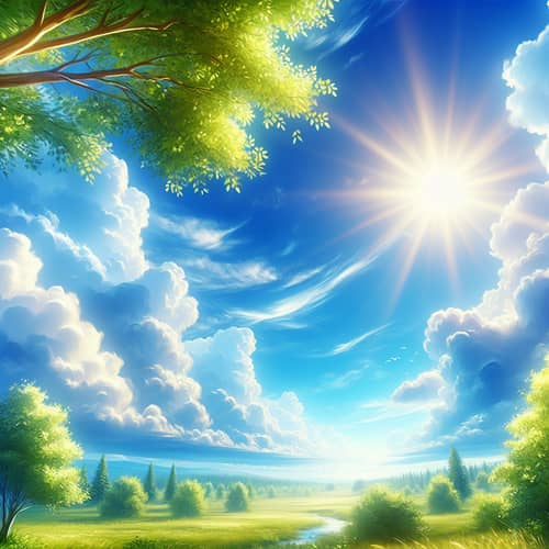 Beautiful Day: Sublime Scene with Fluffy Clouds, Radiant Sun & Rustling Trees