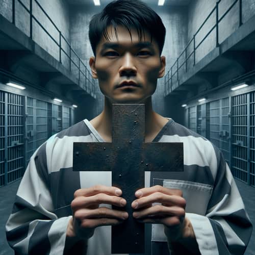 East Asian Man in Prison Attire with Cross Symbol