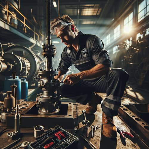 Professional Caucasian Male Mechanic Working on Pump System in Industrial Setting