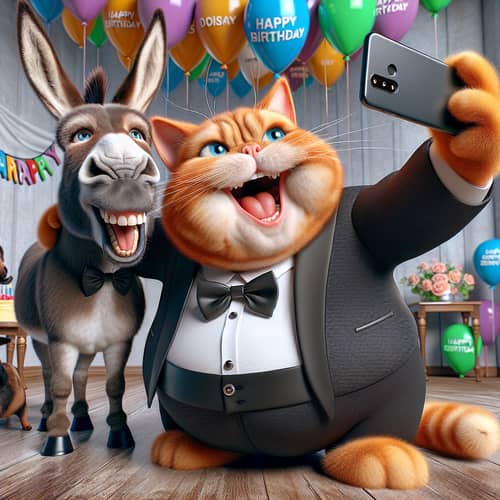 Hyperrealistic Cartoon-Inspired Cat and Donkey Birthday Celebration