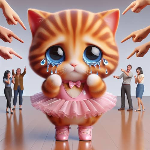 Adorable Cartoon Ginger Cat Crying in Pink Ballerina Dress