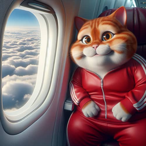 Red British Cat in Airplane | Chubby Cat in Red Tracksuit