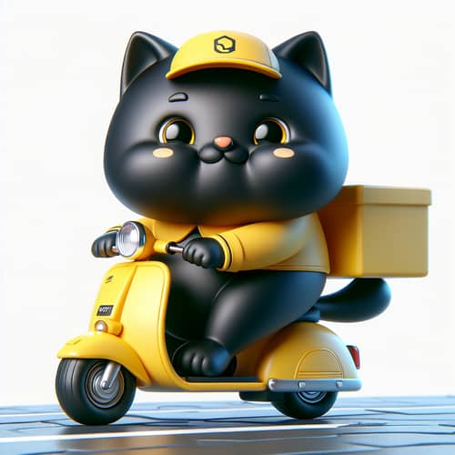 Cartoon Black Cat Riding Yellow Moped - High Detail Art