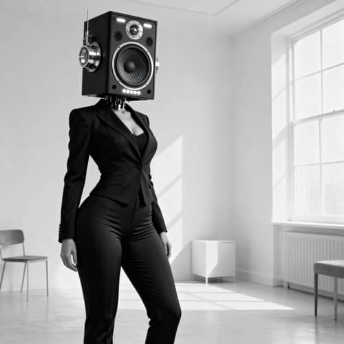 Woman with Speaker Head in Minimalist Room